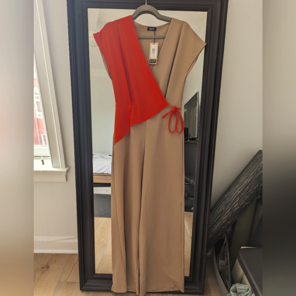 NWT Orange Beige Colorblock Jumpsuit
